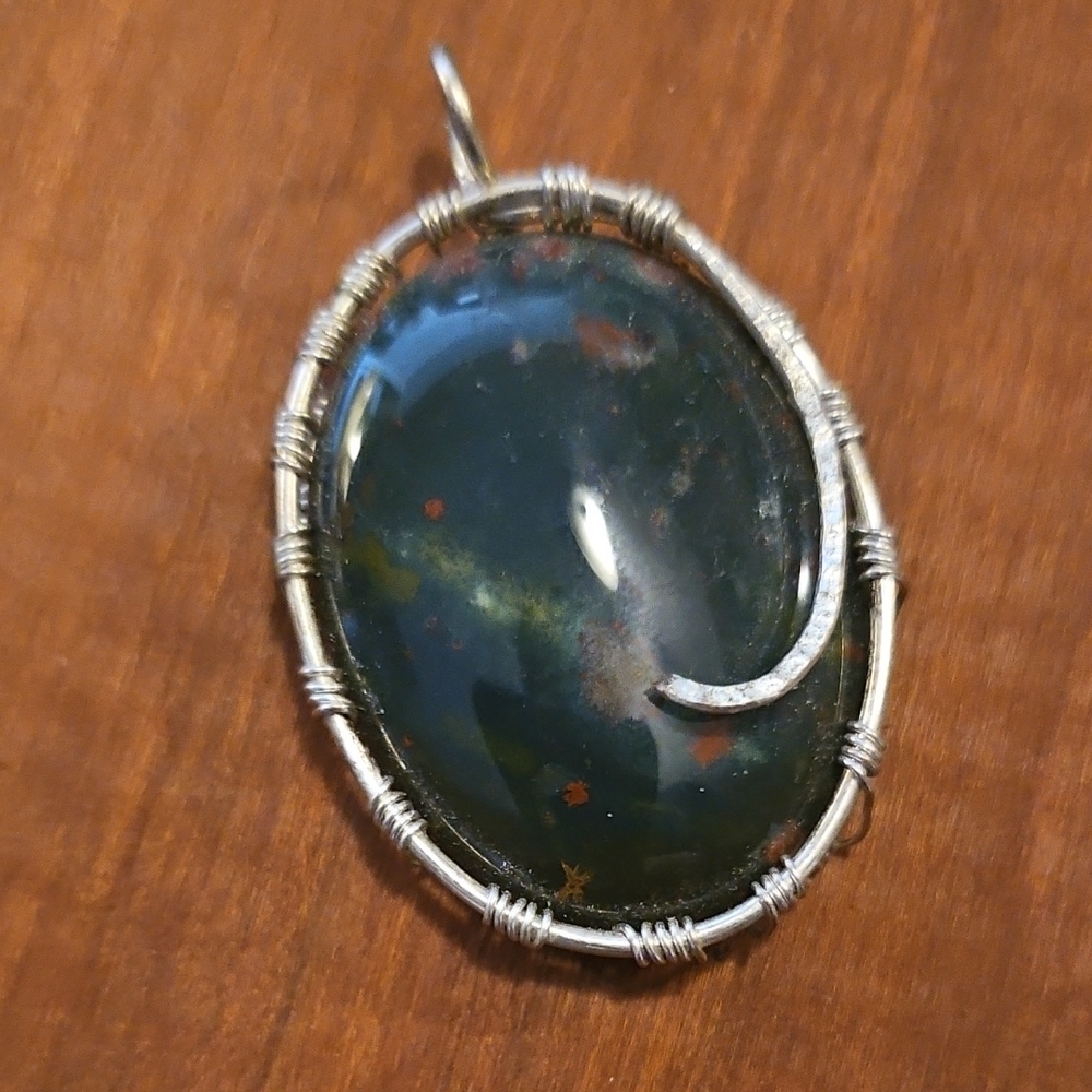 Artisan Dark Green Bloodstone Wire-Wrapped Pendant